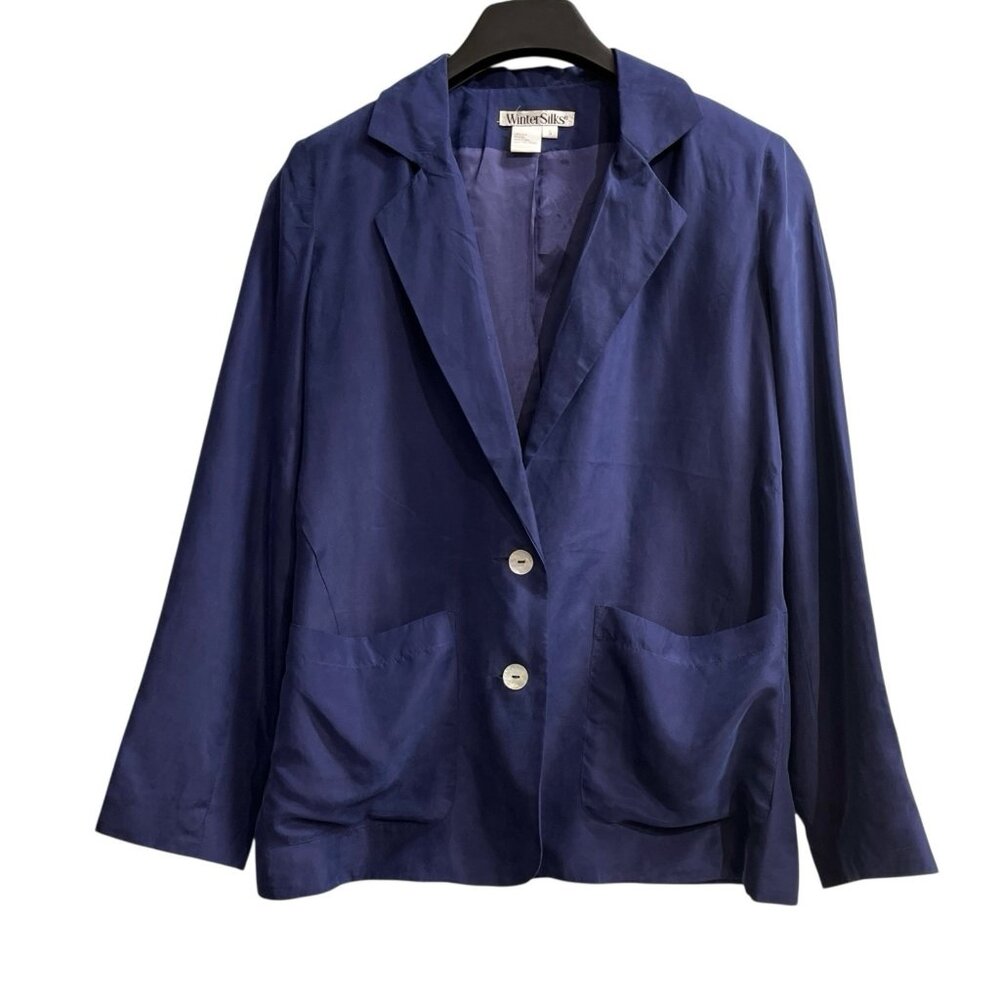 Wintersilks Blazer Womens S Purple Blue Silk One Button Jacket Lightweight